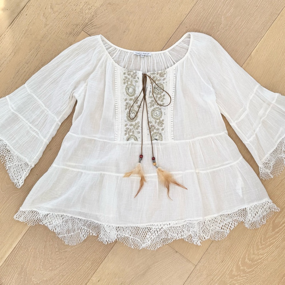 Tempo Paris White Boho Western Embelished Seguins Women's Tops Blouse Tunic sz M